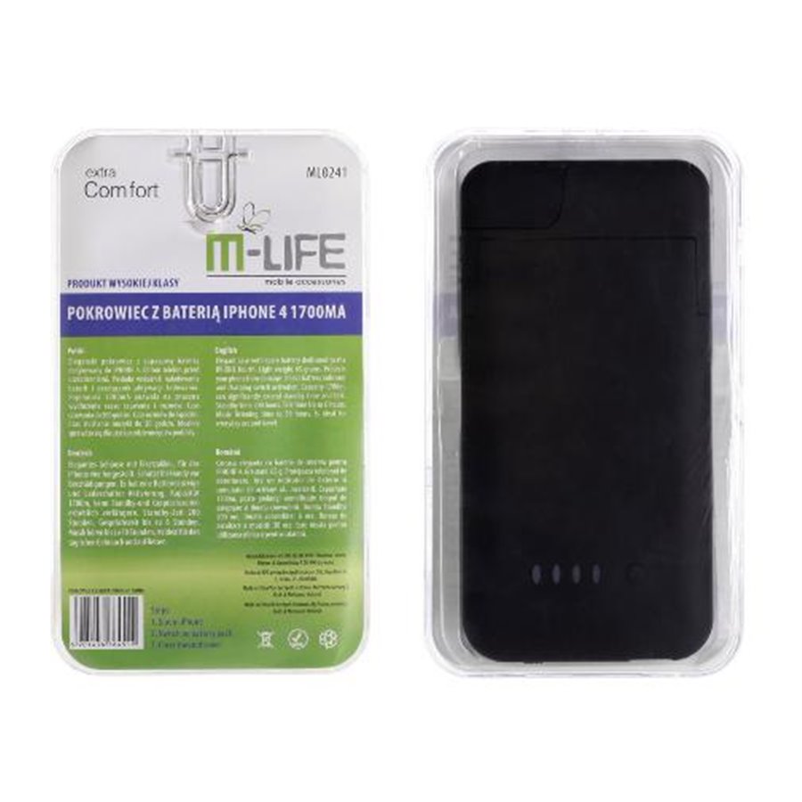 Ochr.kryt zadný s bat.M-LIFE IPHONE 4 čierny 1900mA