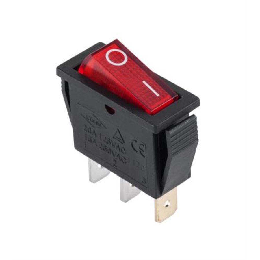 Prepínač kolískový 3pin 230V červený