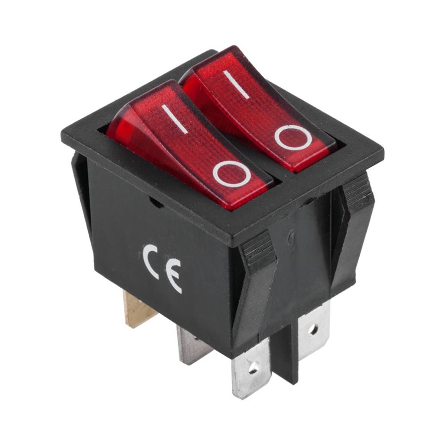 Prepínač kolískový červený dvojitý 6pin 230V