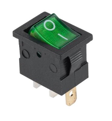 Prepínač kolískový mini 3pin 12V zelený