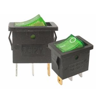 Prepínač kolískový mini 3pin 230V zelený