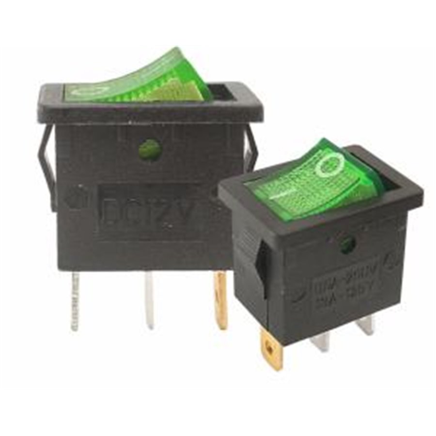 Prepínač kolískový mini 3pin 230V zelený
