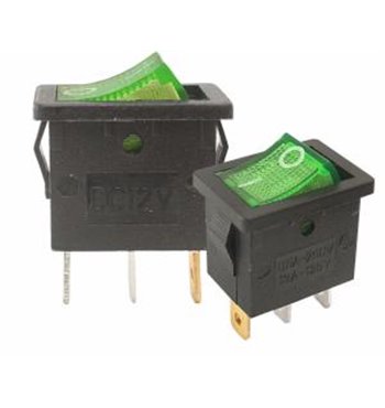 Prepínač kolískový mini 3pin 230V zelený