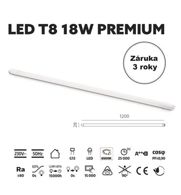 LED trubica T8 18W 6500K 120cm sklenená PREMIUM