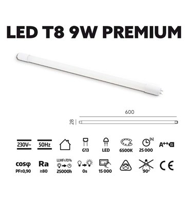 LED trubica T8 9W 6500K 60cm sklenená PREMIUM