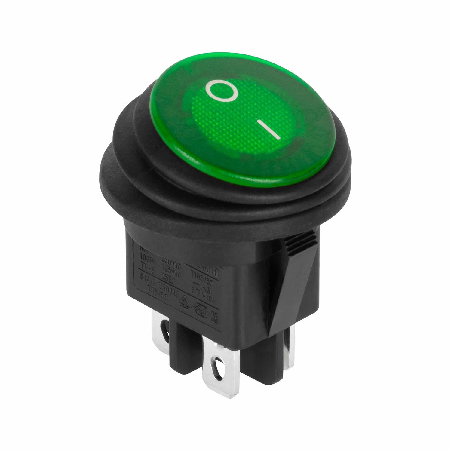 Prepínač kolískový okrúhly 230V 4pin IP65 zelený