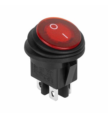 Prepínač kolískový okrúhly 230V 4pin IP65 červený