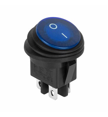 Prepínač kolískový okrúhly 230V 4-pin. IP65 modrý